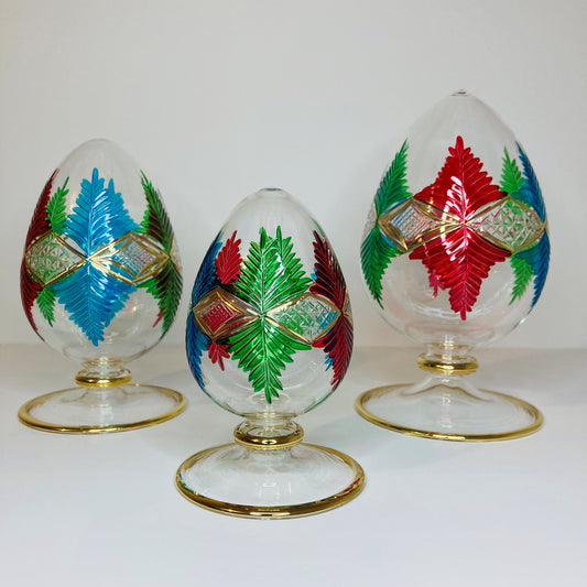 Blown Glass Tabletop Egg - Palm Leaves Red, Green & Blue