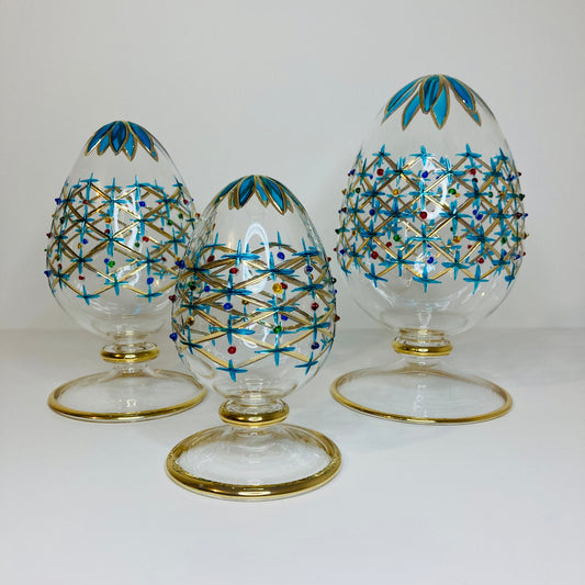 Blown Glass Tabletop Egg - Turquoise Stars