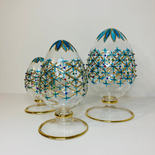 Blown Glass Tabletop Egg - Turquoise Stars