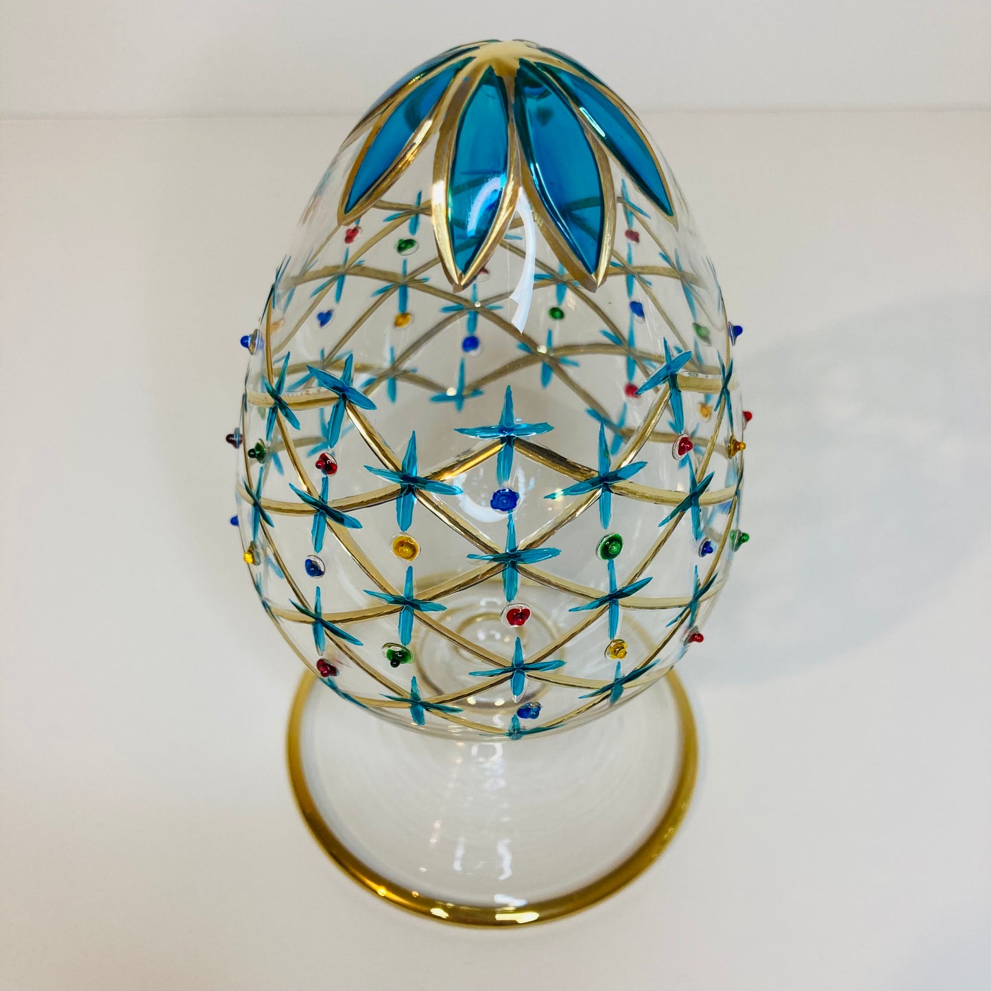Blown Glass Tabletop Egg - Turquoise Stars