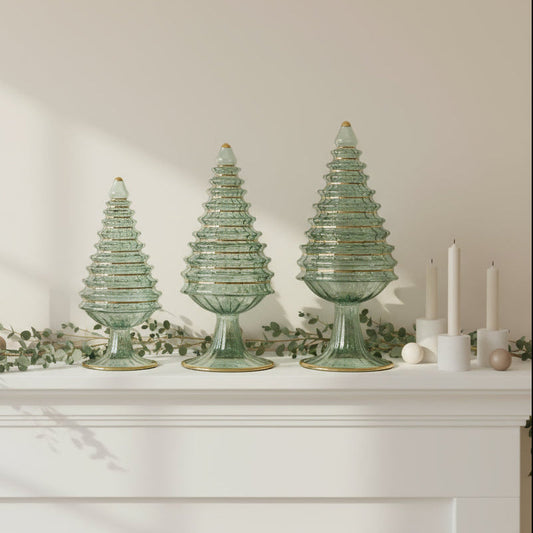 Hand-blown glass green iridescent tabletop spruce Christmas trees