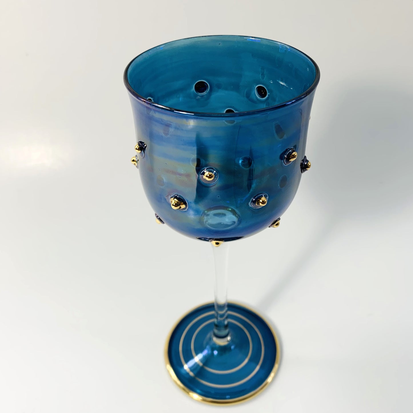 Blown Glass Long Stem Wine Glass - Blue with Gold Dots