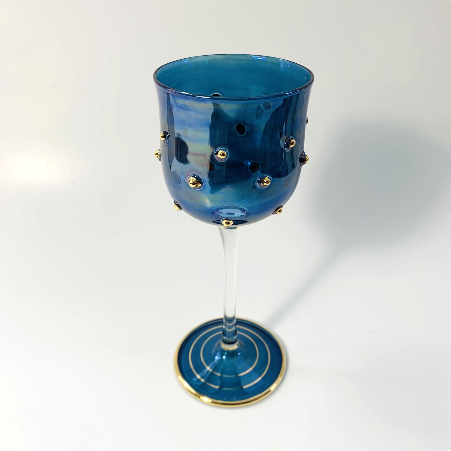 Blown Glass Long Stem Wine Glass - Blue with Gold Dots