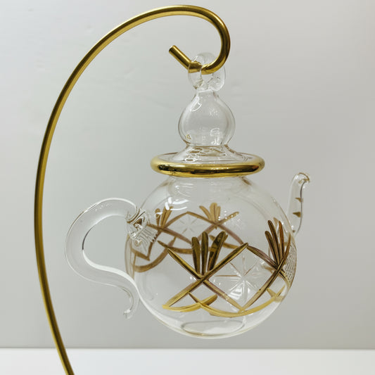 Blown Glass Ornament - Clear Teapot Decorated with Engraving and Gold Details
