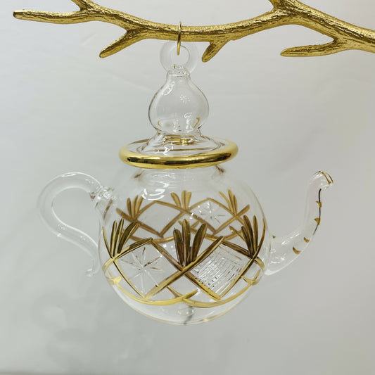 Blown Glass Ornament - Clear Teapot Decorated with Engraving and Gold Details