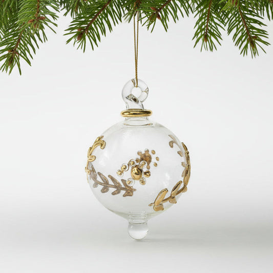 Clear handblown glass bauble Christmas ornament with gold leaf and flower design