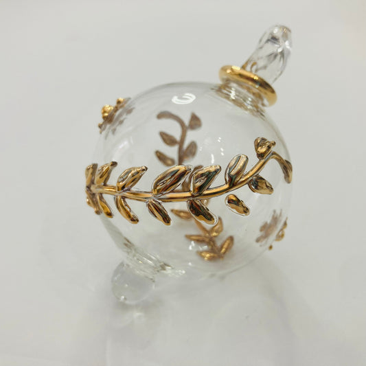 Clear handblown glass bauble Christmas ornament with silver leaf and flower design