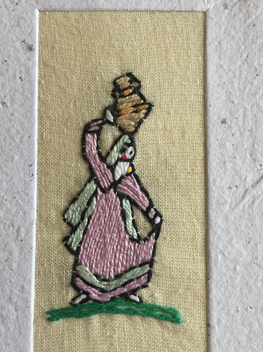 Handmade Recycled Paper Greeting Card with Embroidery - Water Carrier