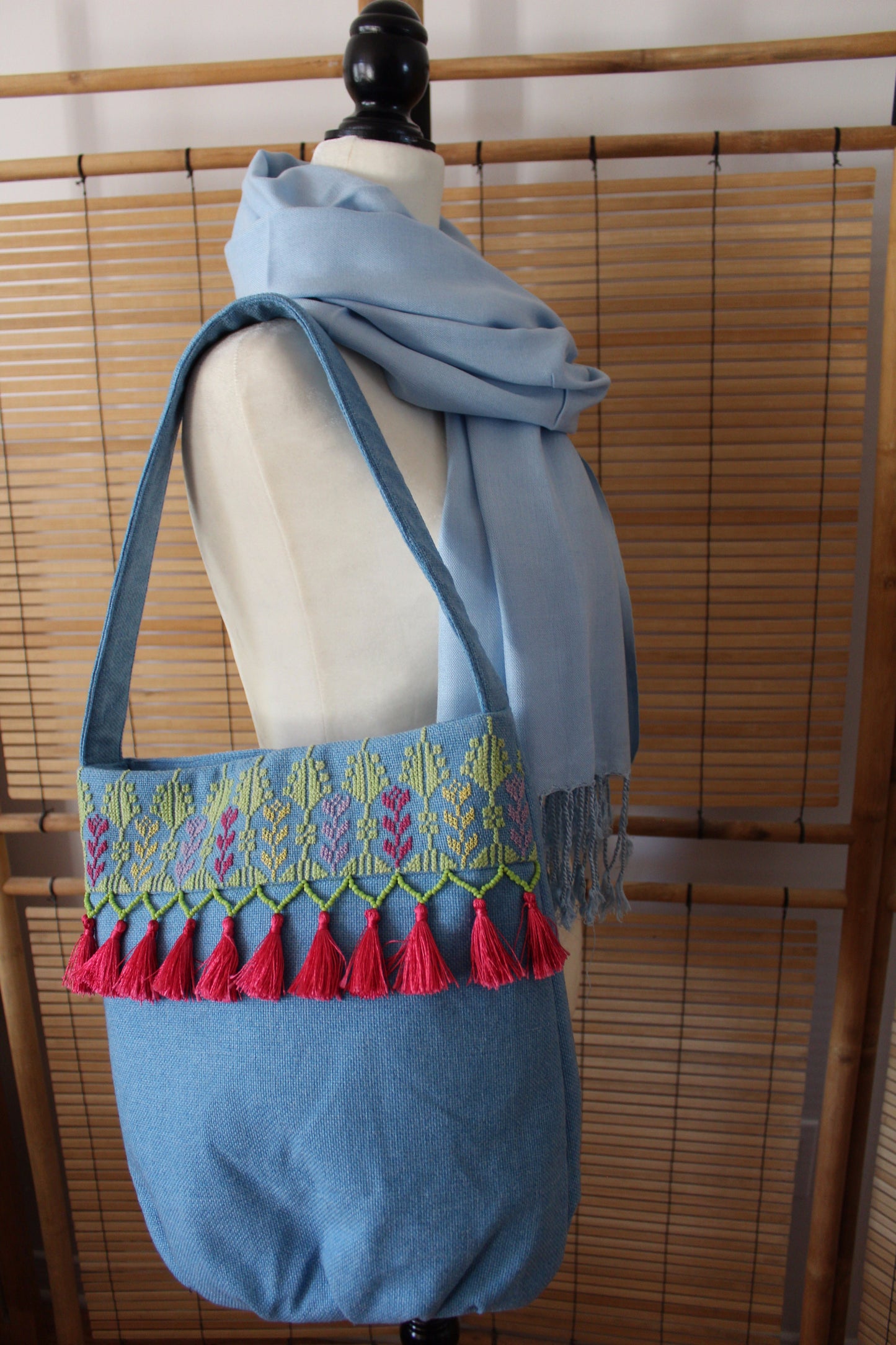 Kholoud Handcrafted Shoulder Bag with Arish Stitching - Light Blue