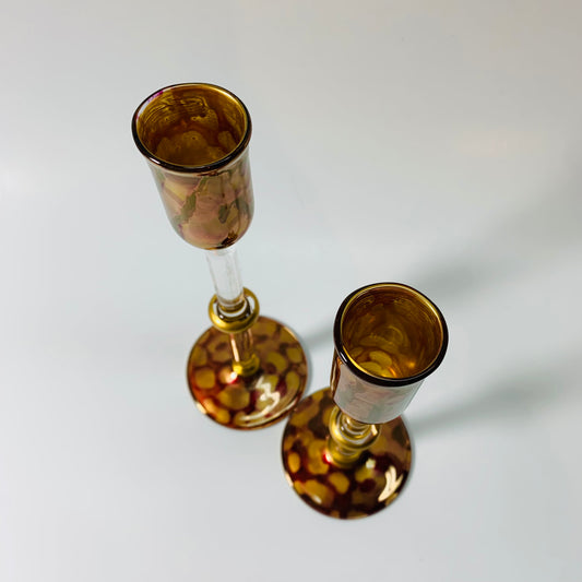 Long Stem Blown Glass Candle Holder - Tulip Gold & Red