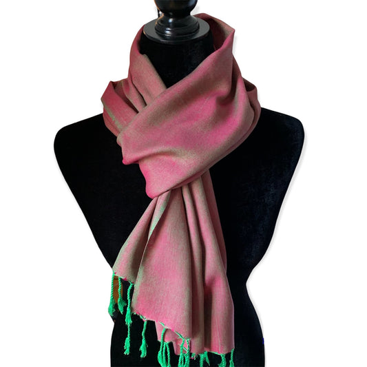 Solid Handwoven Scarf - Green & Fuchsia