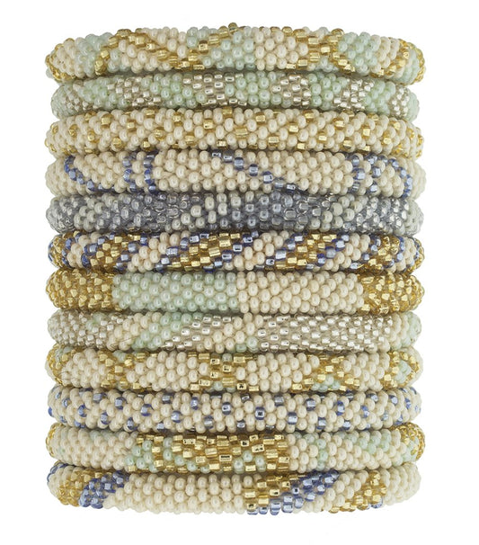 Fair Trade Roll-On Hand Beaded Bracelets - Capri Coast - Dandarah, Ethical Sustainable Fashion, Light Blue, White & Gold Geometric