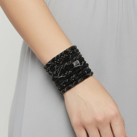 Fair Trade Roll-On Hand Beaded Bracelets - Stiletto - Dandarah, Ethical Sustainable Fashion, Black & Silver