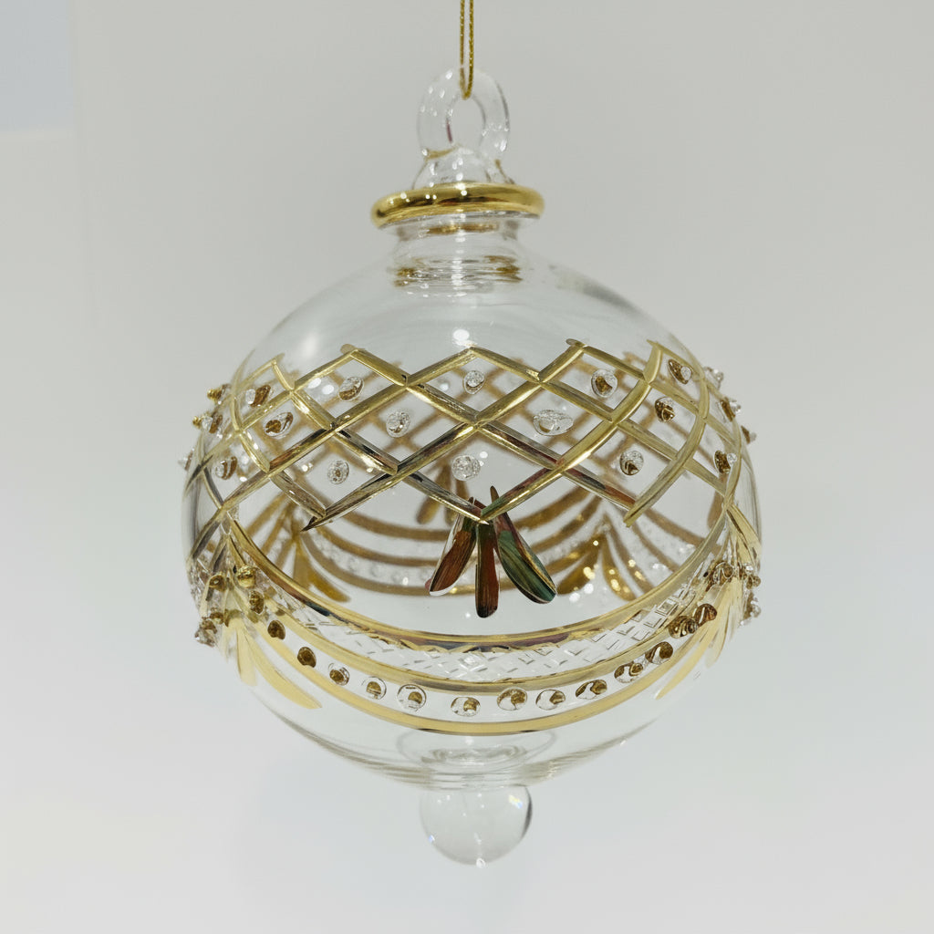 Decorative handblown glass bauble ornament with gold baroque art inspired design