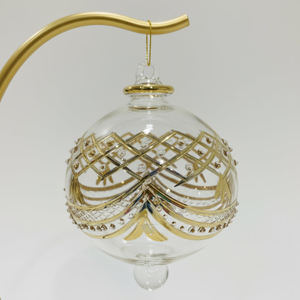 Decorative handblown glass bauble ornament with gold baroque art inspired design