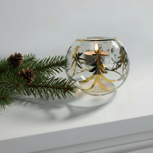 Fair Trade, Hand-blown Glass Candle Holder - Engraved Christmas Trees in Silver & Gold