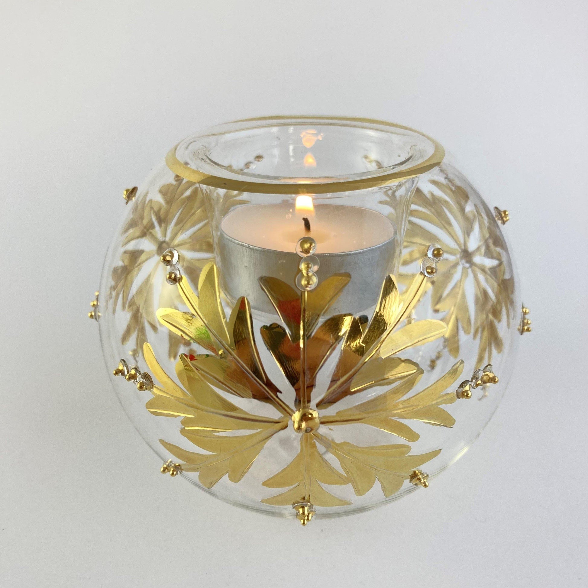 Blown Glass Candle Holder - Gold Snow Flake