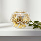 Decorative hand-blown glass candle holder, clear with gold snow flake patterns, Fair Trade, Ethically Handcrafted