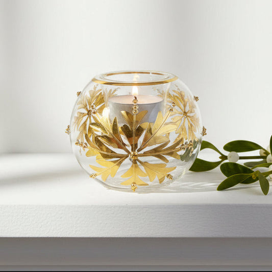 Decorative hand-blown glass candle holder, clear with gold snow flake patterns, Fair Trade, Ethically Handcrafted