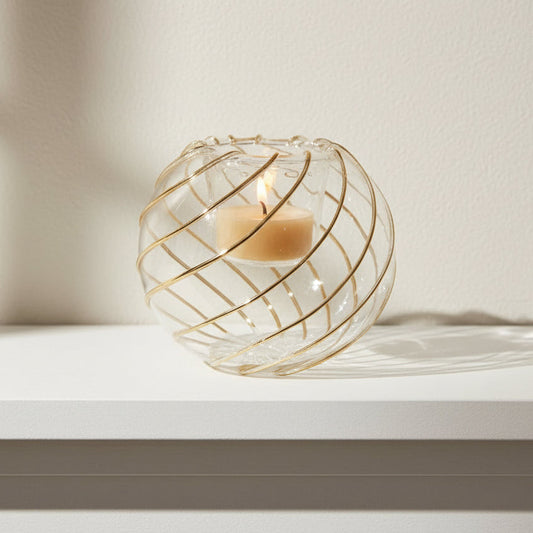 Fair Trade Hand-blown Glass Candle Holder - Swirl Gold, Ethically Handmade, Heirloom