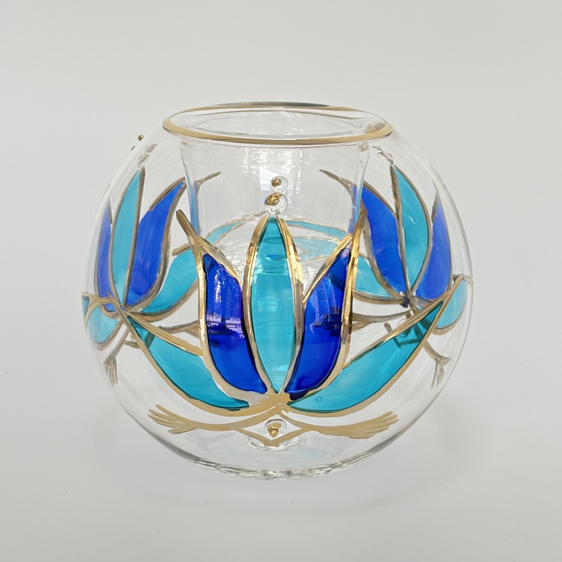 Blown Glass Candle Holder - Lotus Blue & Turquoise