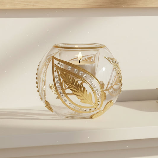 Fair Trade Hand-blown Glass Candle Holder - Paisley Gold, Ethically Handmade, Heirloom