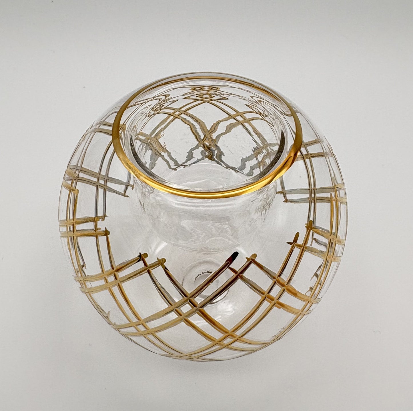 Fair trade handblown glass candle holder with plaid cut pattern and gold detail, ethically handmade