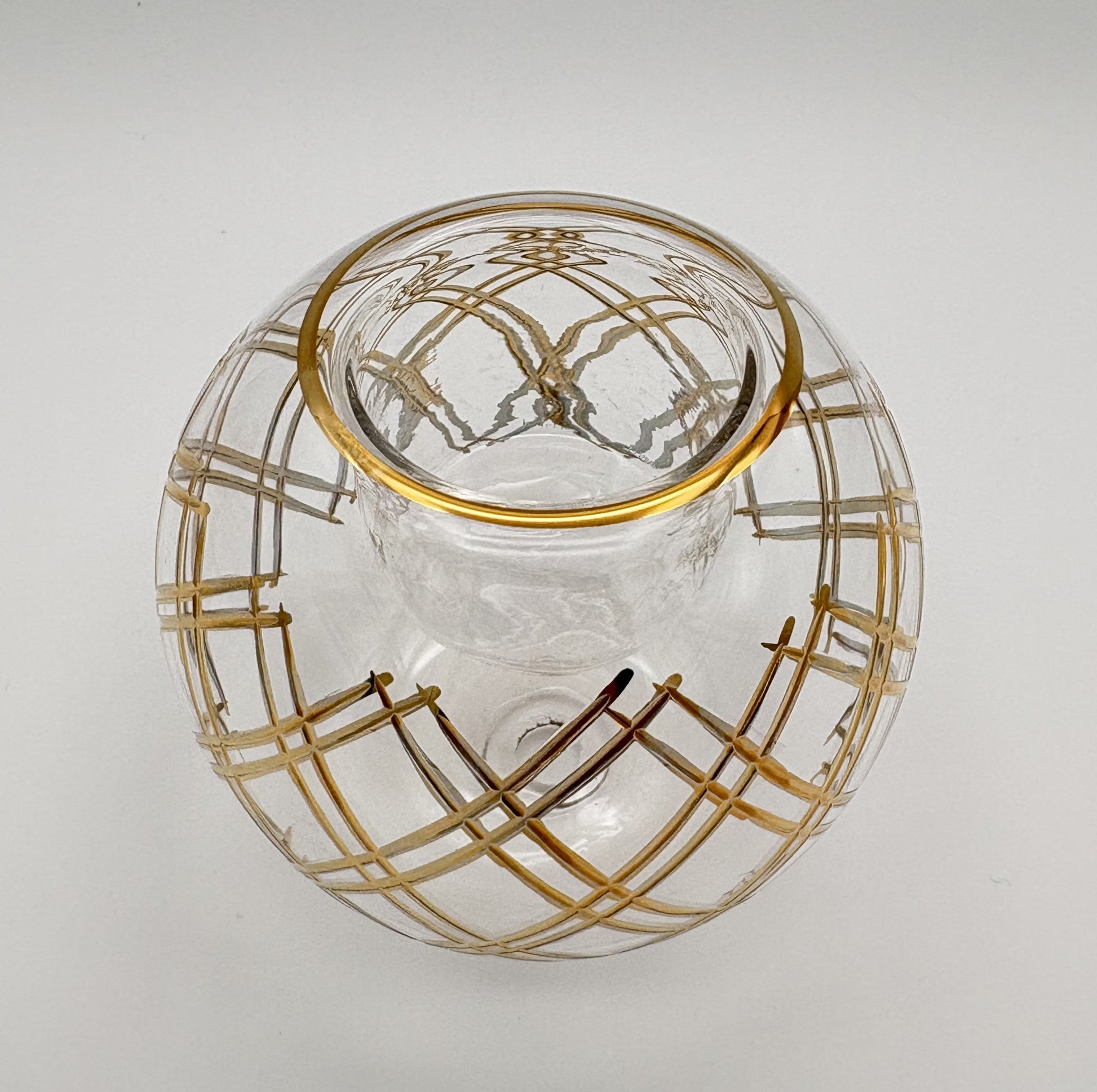 Fair trade handblown glass candle holder with plaid cut pattern and gold detail, ethically handmade