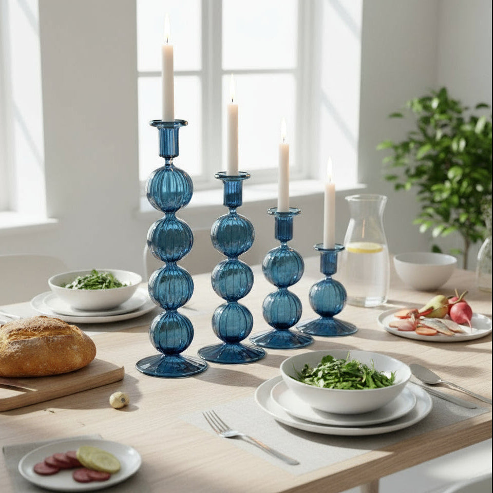Fair Trade blue handblown glass candle holders with baubles for taper candles, ethically handmade