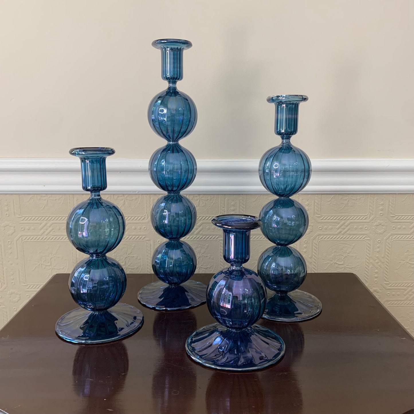 Long Stem Blown Glass Candle Holder With Baubles - Blue