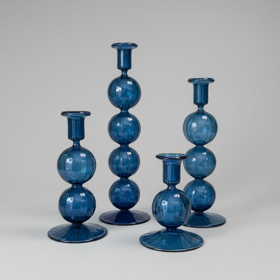 Fair Trade blue handblown glass candle holders with baubles for taper candles, ethically handmade