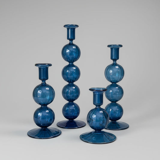 Fair Trade blue handblown glass candle holders with baubles for taper candles, ethically handmade