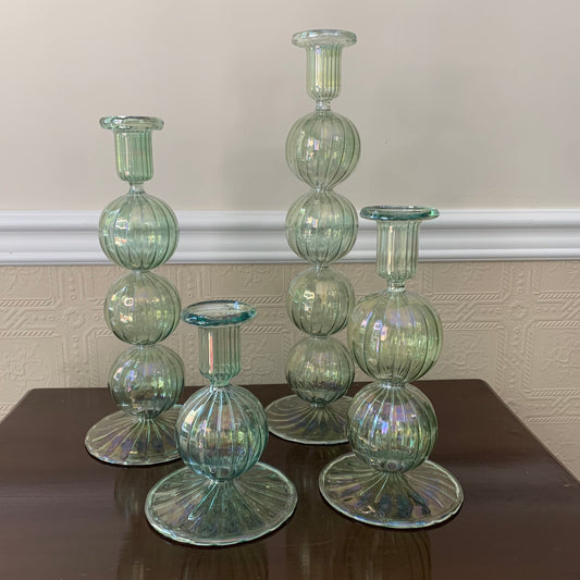 Long Stem Blown Glass Candle Holder With Baubles - Green