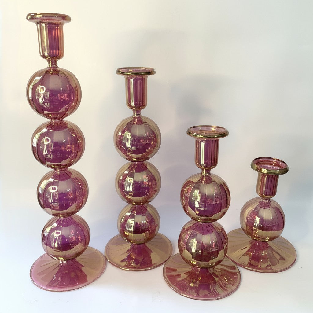 Fair Trade pink handblown glass candle holders with baubles for taper candles, ethically handmade