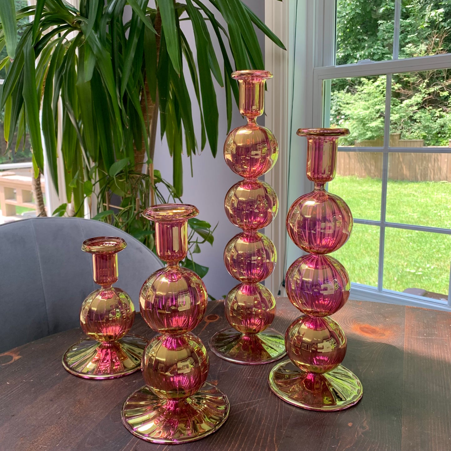 Fair Trade pink handblown glass candle holders with baubles for taper candles, ethically handmade