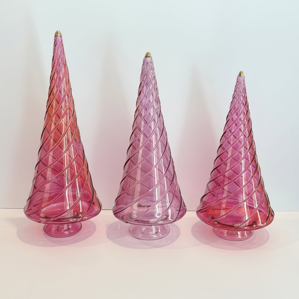 Blown Glass Tabletop Christmas Tree - Cone Swirl Pink
