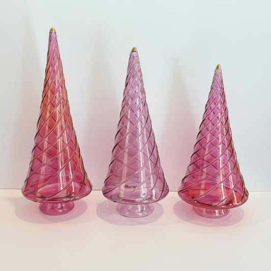 Blown Glass Tabletop Christmas Tree - Cone Swirl Pink