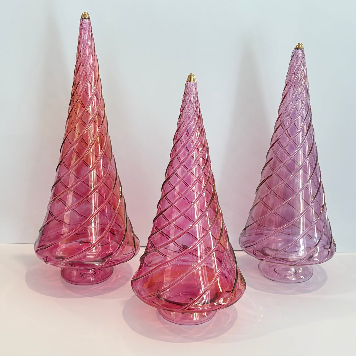 Blown Glass Tabletop Christmas Tree - Cone Swirl Pink