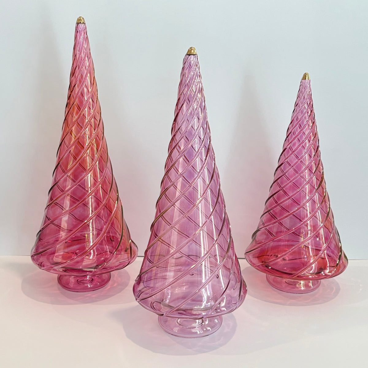 Blown Glass Tabletop Christmas Tree - Cone Swirl Pink