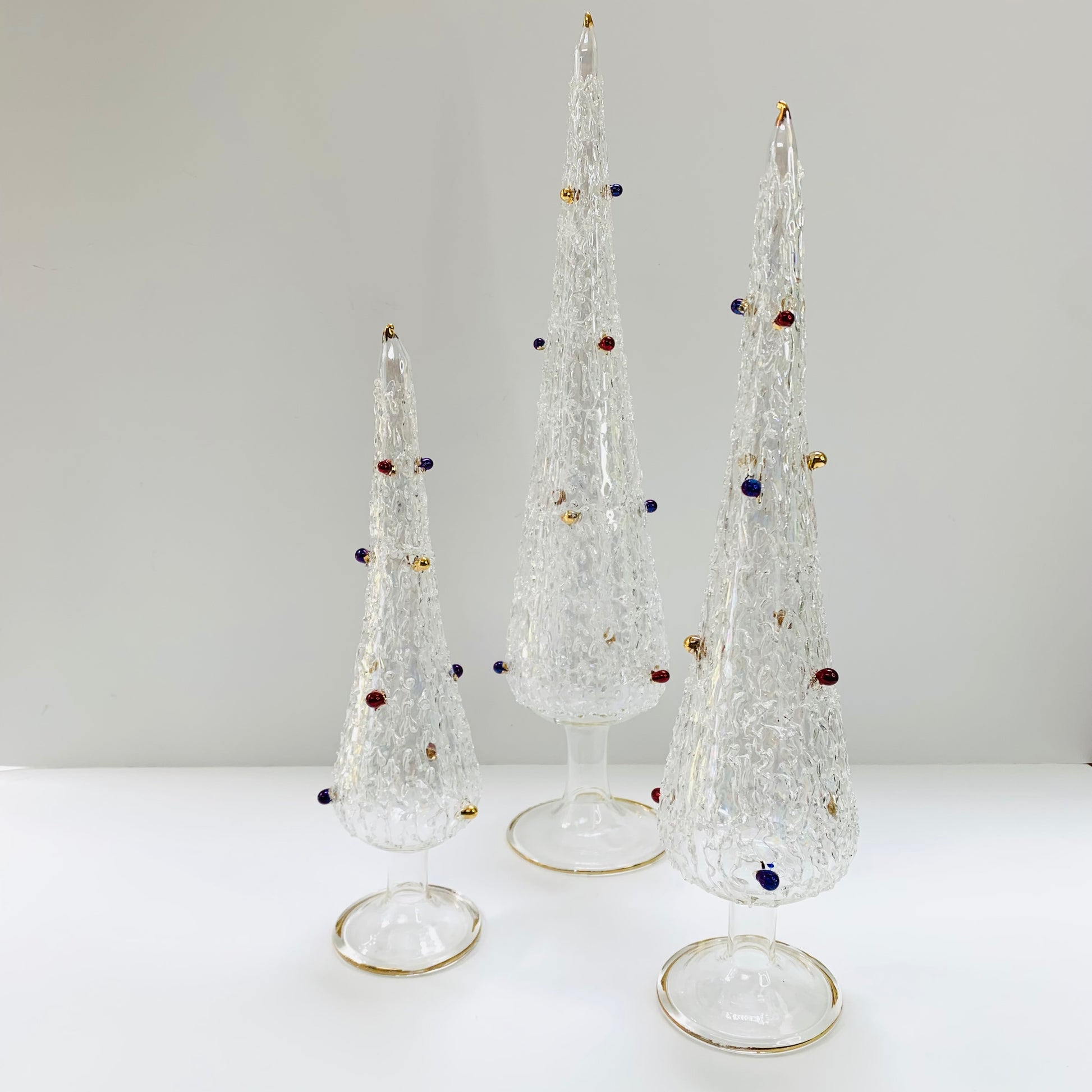 Hand-blown Glass Tabletop Pine Christmas Tree White with Colored Baubles