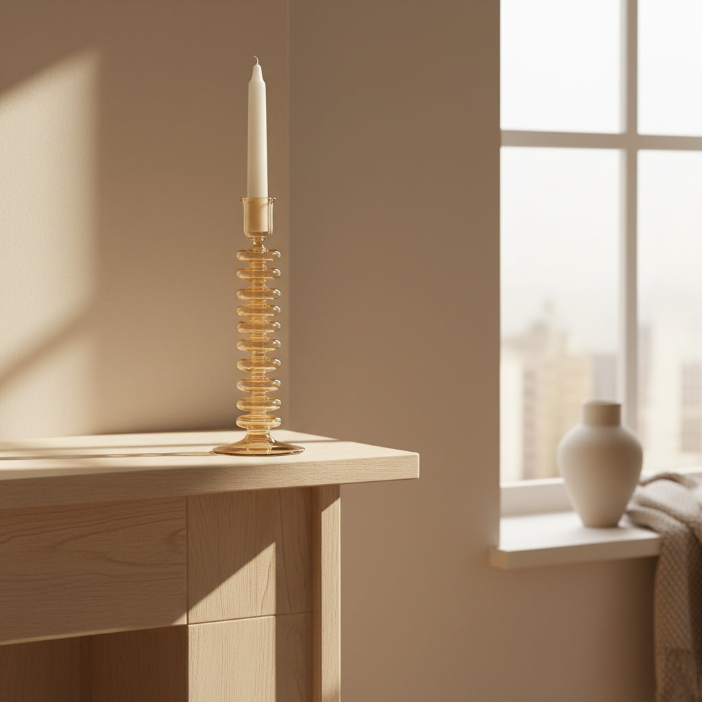 Blown Glass Curvy Candle Holder - Yellow