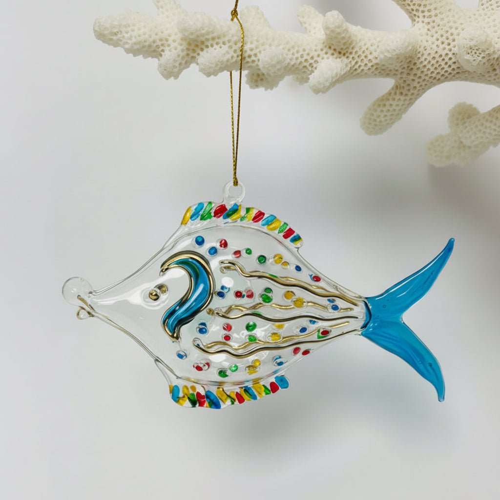 Blown Glass Ornament - Dotted Fish Multi Turquoise, ethically handmade, fair trade