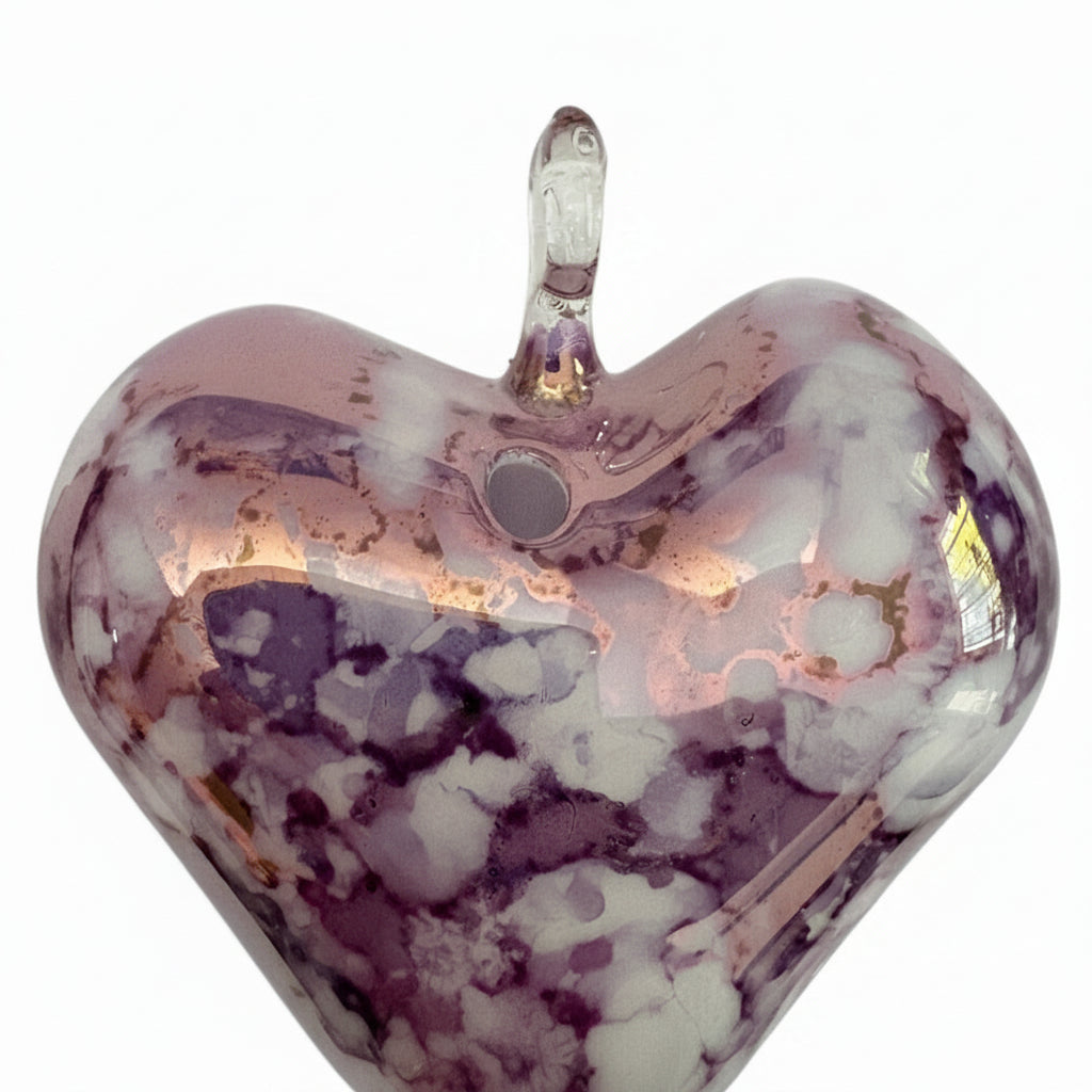 Blown glass heart-shaped ornament  with marbled white and lavender design, fair trade