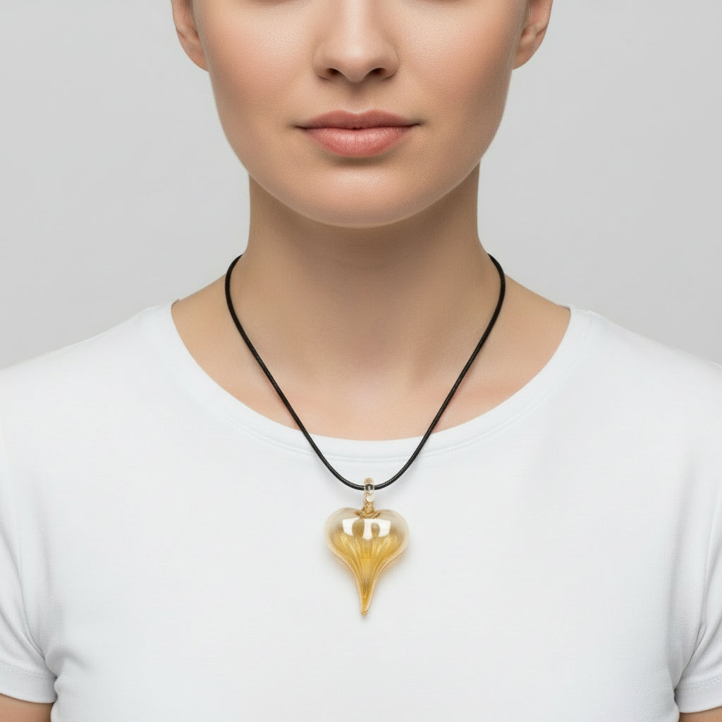 Fair Trade Hand-Blown Glass Heart Pendant - Amber Yellow, Ethical Sustainable Jewelry, Adjustable black cord