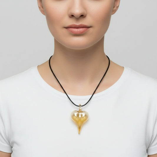 Fair Trade Hand-Blown Glass Heart Pendant - Amber Yellow, Ethical Sustainable Jewelry, Adjustable black cord