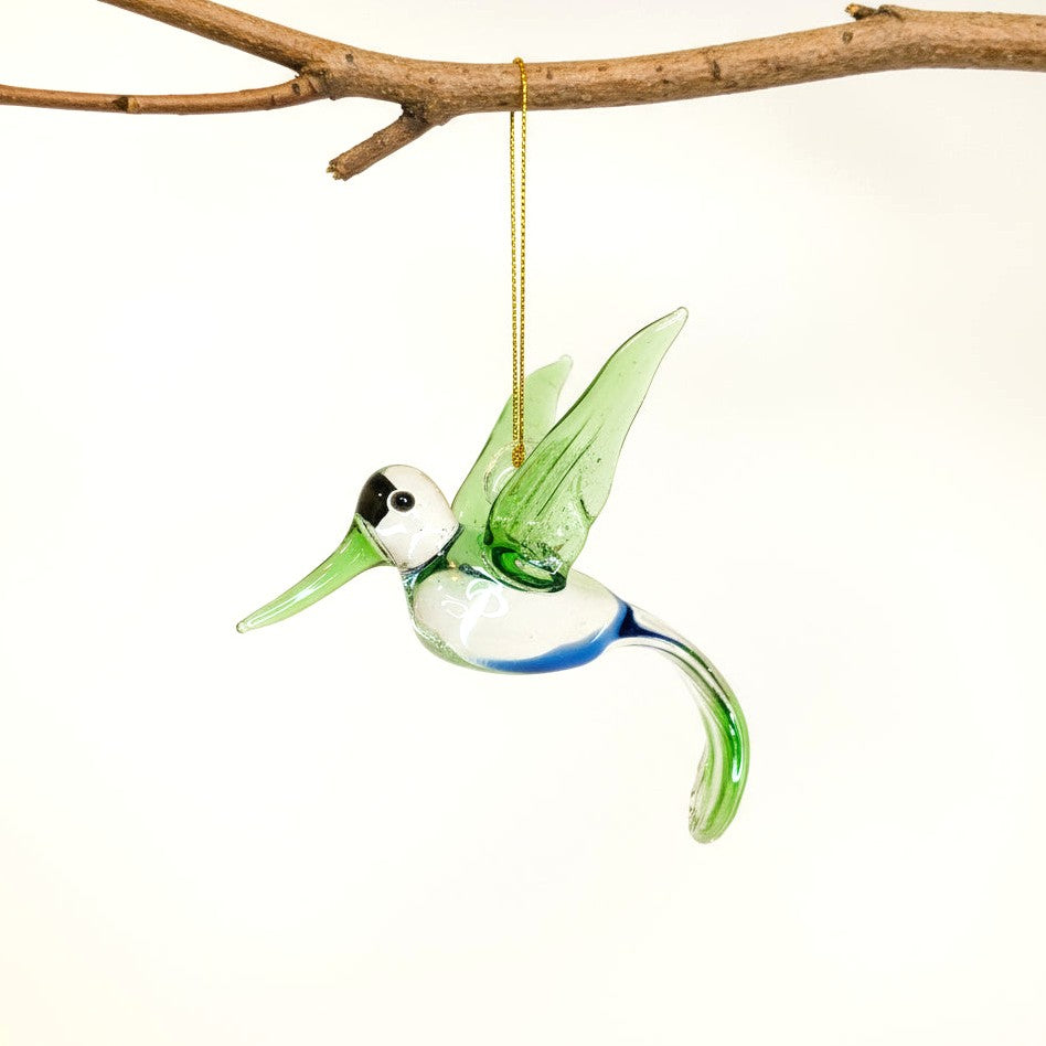 Ethically Handmade Blown Glass Ornament - Hummingbird Flying