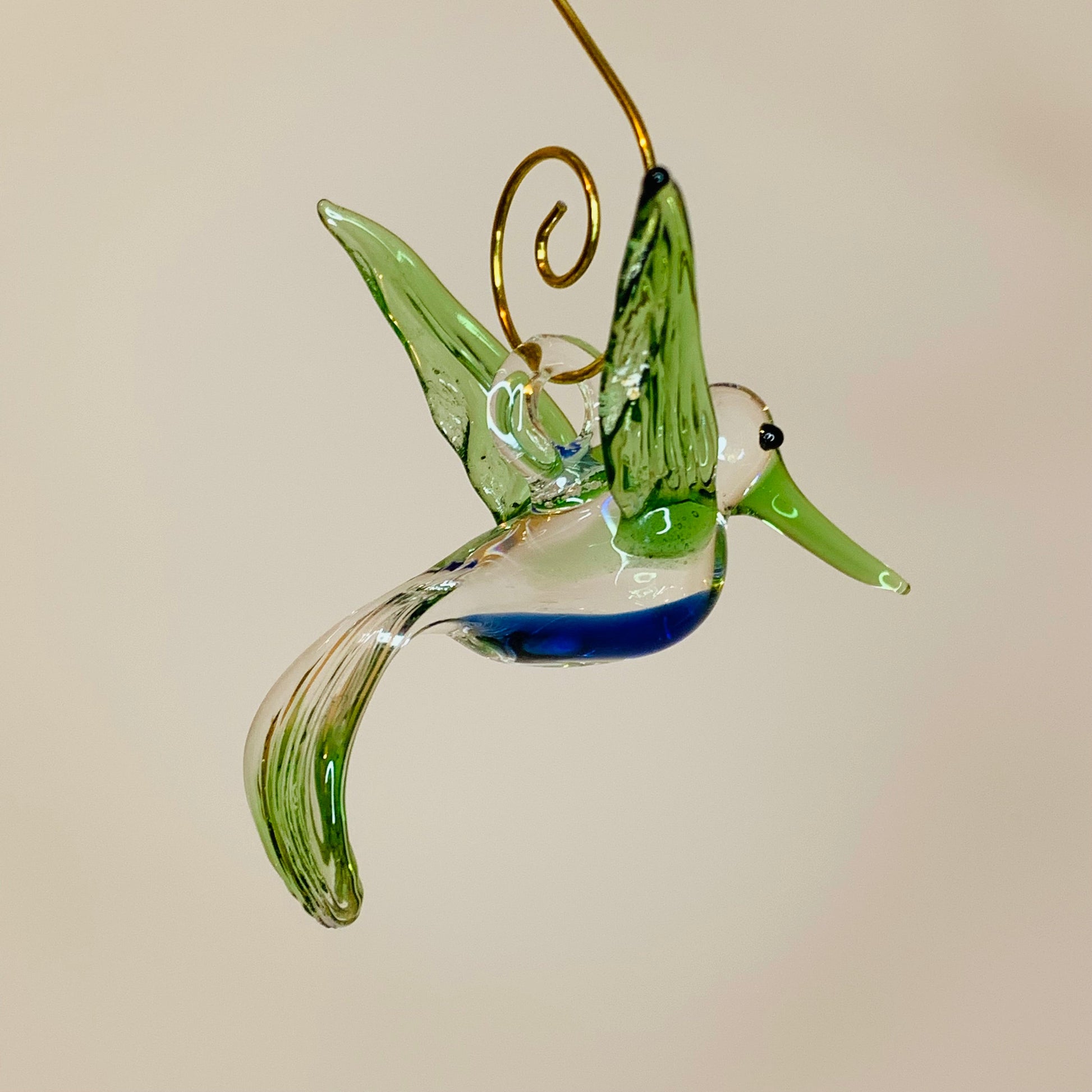Blown Glass Ornament - Hummingbird: Green & Blue