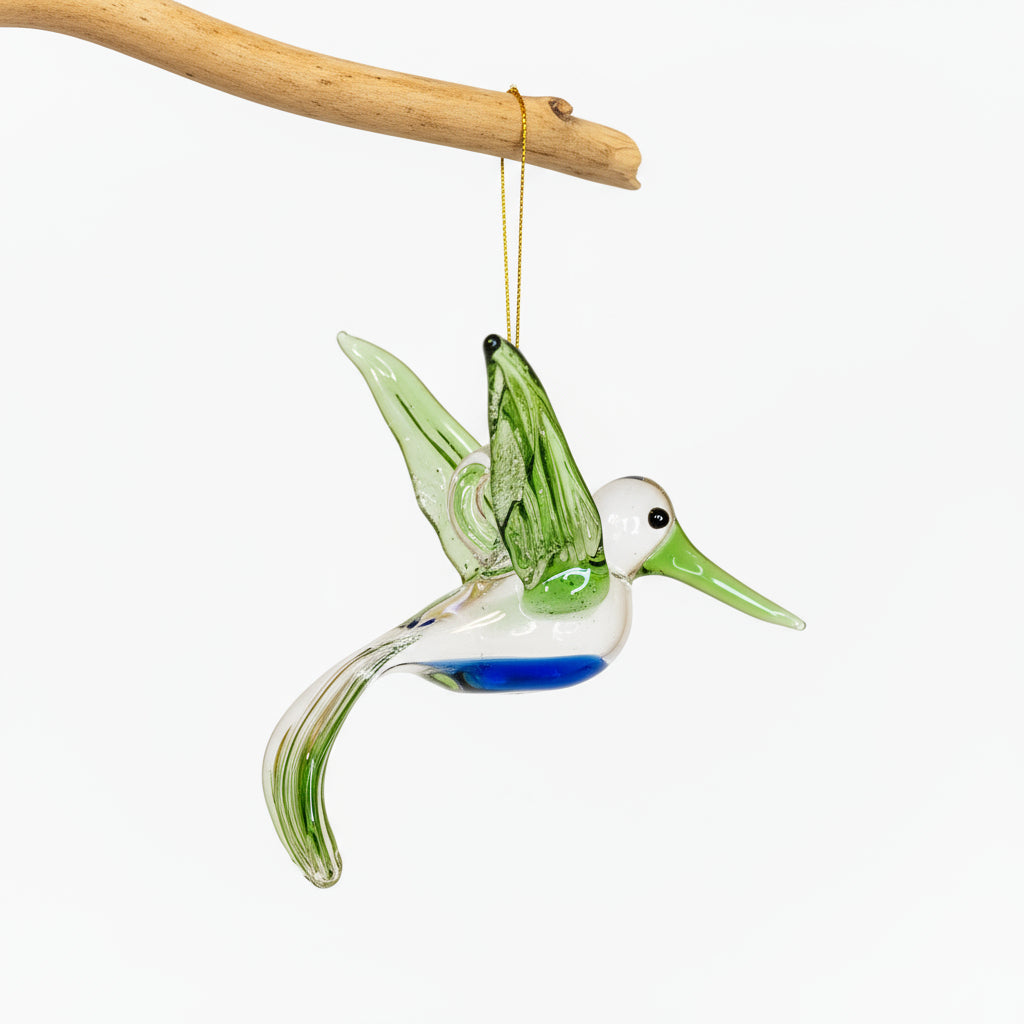 Ethically Handmade Blown Glass Ornament - Hummingbird Flying