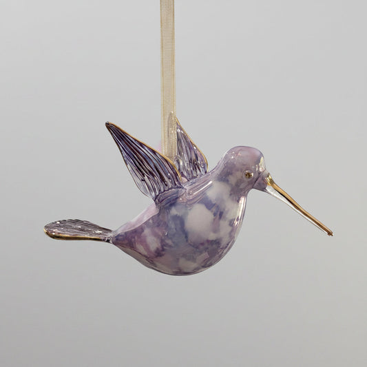 Blown glass lavender and white hummingbird ornament with gold accents, fair trade