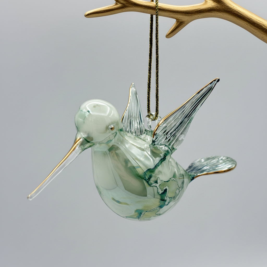 Fair Trade Hand-blown Glass Ornament - Hummingbird Green, Ethically Handmade